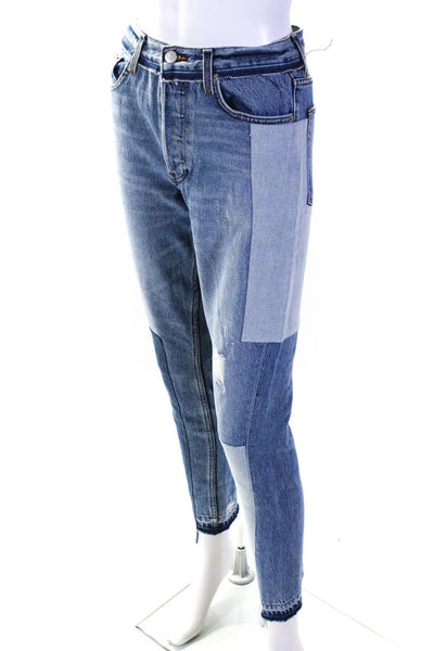 Reformation Women's Distressed Patchwork Straight Leg Jeans Blue Size 25