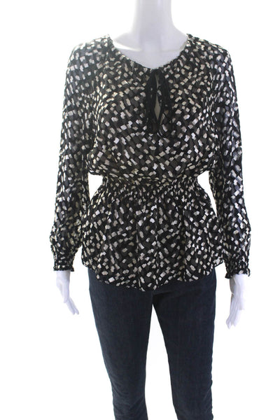 Theory Womens Black Printed Silk Tie V-Neck Long Sleeve Blouse Top Size S