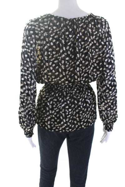 Theory Womens Black Printed Silk Tie V-Neck Long Sleeve Blouse Top Size S