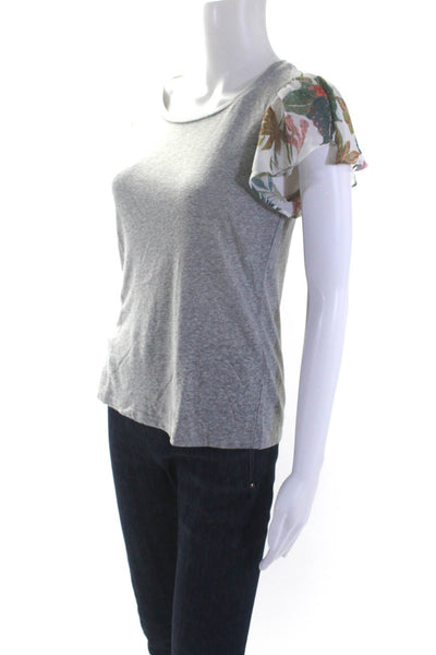 Drew Womens Gray Linen Floral Print Ruffle Short Sleeve Blouse Top Size XS