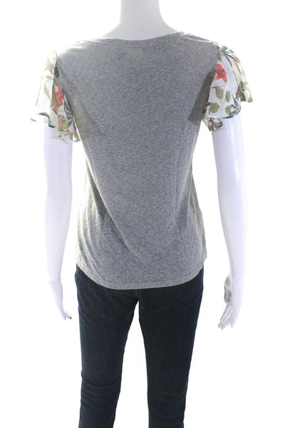 Drew Womens Gray Linen Floral Print Ruffle Short Sleeve Blouse Top Size XS