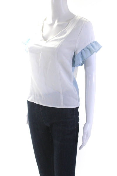 Drew Womens White Blue Color Block V-Neck Ruffle Short Sleeve Blouse Top Size XS