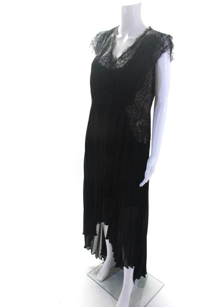 BCBGMAXAZRIA Women's Sleeveless Lace Trim Pleated Hi-Lo Hem Maxi Dress Black 12