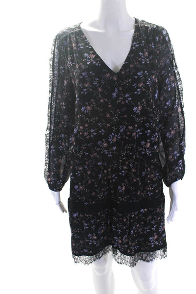 Joie Women's V-Neck 3/4 Sleeves Lace Trim Tiered Mini Black Floral Dress Size M