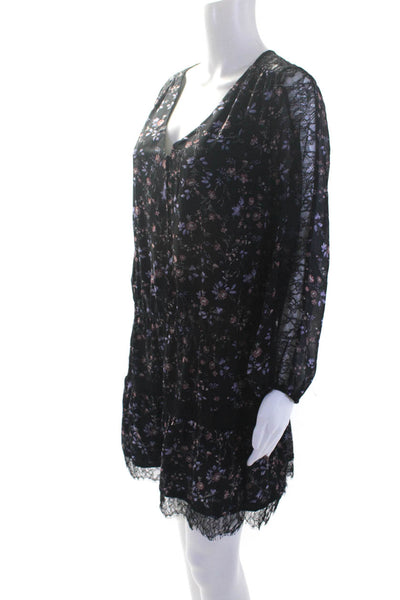 Joie Women's V-Neck 3/4 Sleeves Lace Trim Tiered Mini Black Floral Dress Size M