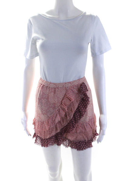 Love Shack Fancy Womens Elastic Waist Lined Ruffle Floral Mini Skirt Pink Size S