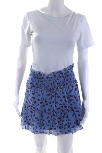 Parker Women's Smoked Waist Lined Ruffle Tiered Mini Blue Floral Skirt Size M