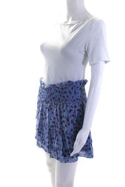 Parker Women's Smoked Waist Lined Ruffle Tiered Mini Blue Floral Skirt Size M