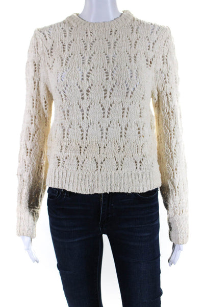 Paneros Womens Cotton Open Knit Crew Neck Puff Sleeve Sweater Top Beige Size XS