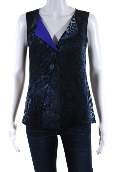 Elie Tahari Womens Silk Satin Abstract Printed Sleeveless Blouse Top Blue Size S