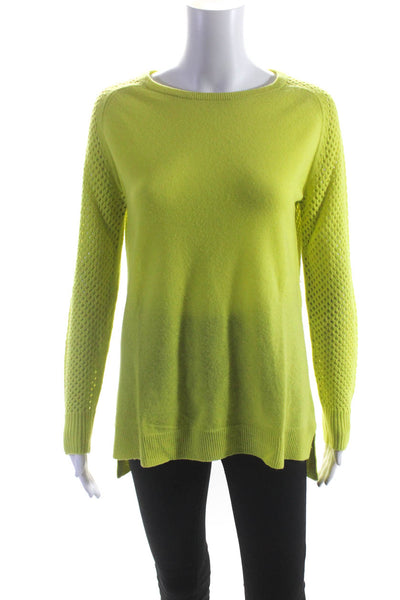 Theory Womens Wool Open Knit Round Neck Pullover Sweater Top Chartreuse Size S
