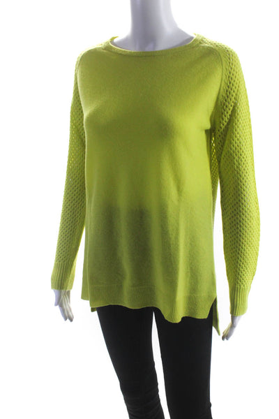 Theory Womens Wool Open Knit Round Neck Pullover Sweater Top Chartreuse Size S