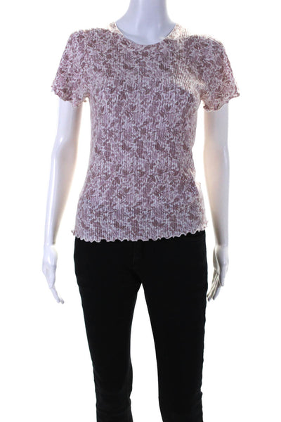 Splendid Womens Floral Print Short Sleeves Sweater Pink White Size Medium