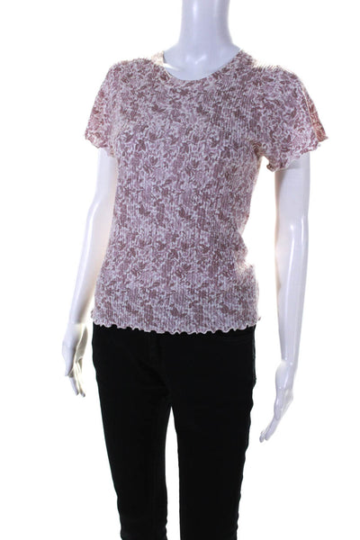 Splendid Womens Floral Print Short Sleeves Sweater Pink White Size Medium