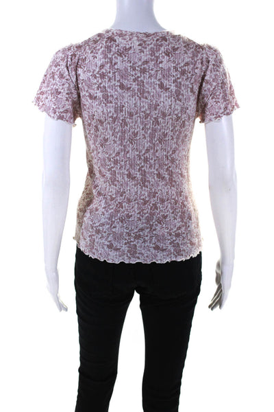 Splendid Womens Floral Print Short Sleeves Sweater Pink White Size Medium