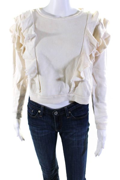 Love Shack Fancy Womens Ruffle Crop Round Neck Sweater White Size XS