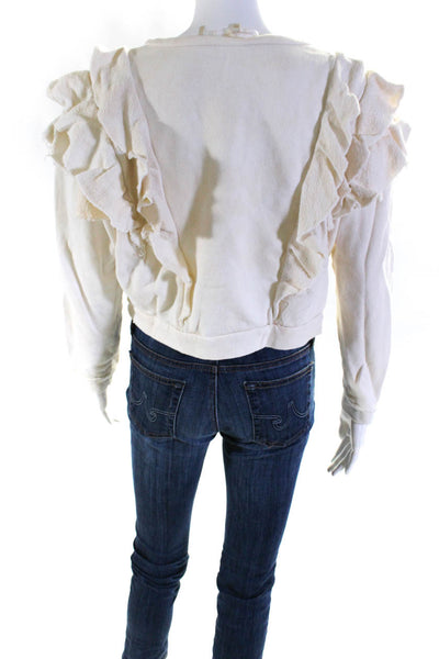 Love Shack Fancy Womens Ruffle Crop Round Neck Sweater White Size XS