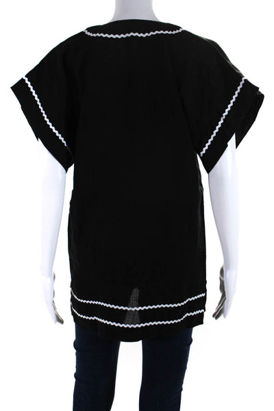 Marysia Women's V-Neck Short Sleeves Slit Hem Tunic Blouse Black White Size XS