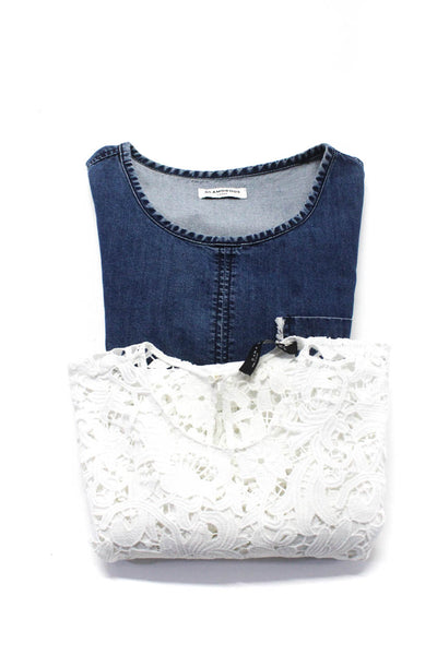 Zara Glamorous Women's Denim Top Lace Blouse White Blue Size L Lot 2