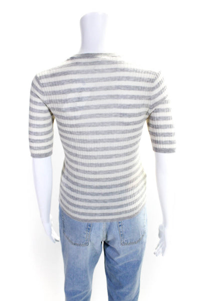 Vince Womens Cashmere Striped Short Sleeved Tight Knit Blouse Gray White Size S