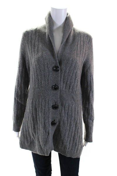 Cullen Womens Cashmere Cable Knit Collar Button Up Cardigan Sweater Gray Size M