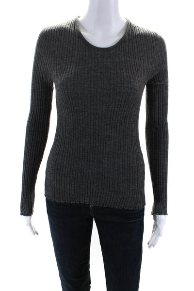 Schumacher Womens Ribbed Knit Scoop Neck Long Sleeve Sweater Top Gray Size S