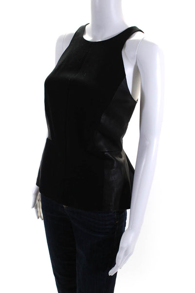 Rebecca Taylor Womens Knit Leather Crew Neck Sleeveless Blouse Top Black Size 8