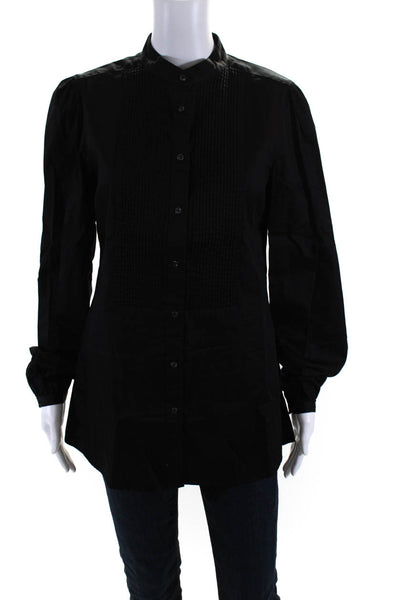 0039 Italy Womens Cotton Woven Pleated Button Up Long Blouse Top Black Size M