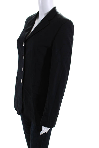 Piazza Sempione Womens Wool Notched Collar Button Up Blazer Navy Blue Size 40