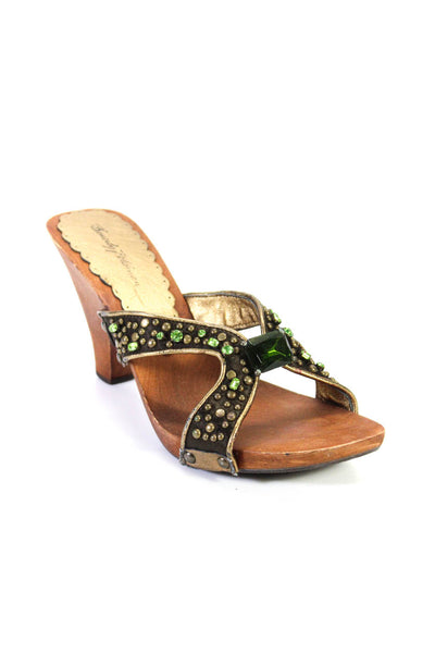 Beverly Feldman Womens Jeweled Studded Open Tow Block Heels Brown Size 8
