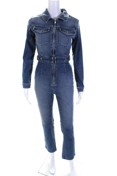 Good American Womens Zippered Collared Long Sleeved Denim Jumpsuit Blue Size 0
