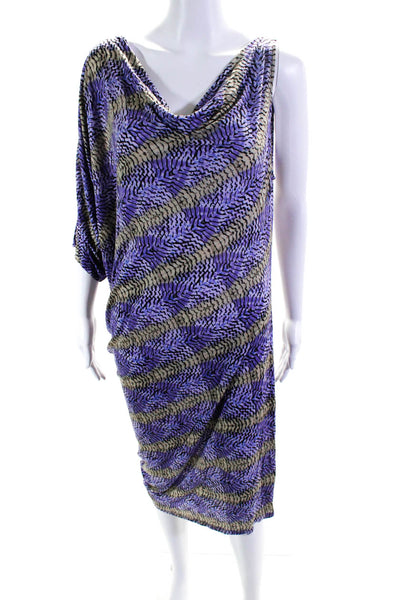 BCBG Max Azria Womens Striped Print One Shoulder Cowl Neck Dress Purple Size L