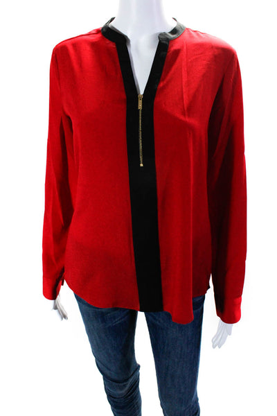 Calvin Klein Womens Striped Front Zip Long Sleeve Pullover Blouse Top Red Size L