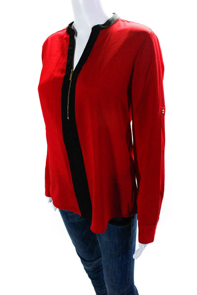 Calvin Klein Womens Striped Front Zip Long Sleeve Pullover Blouse Top Red Size L