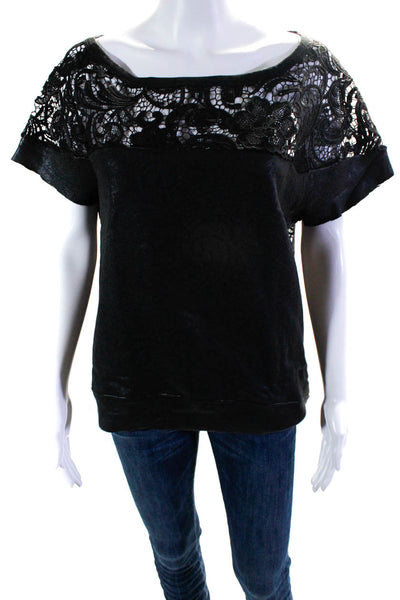 Pam & Gela Women's Round Neck Zip Short Sleeves Crochet Blouse Black Size M