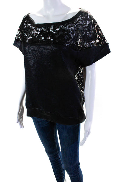 Pam & Gela Women's Round Neck Zip Short Sleeves Crochet Blouse Black Size M