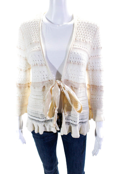 Rebecca Taylor Women's Open Front Short Sleeves Open Knit Cardigan Cream Size L