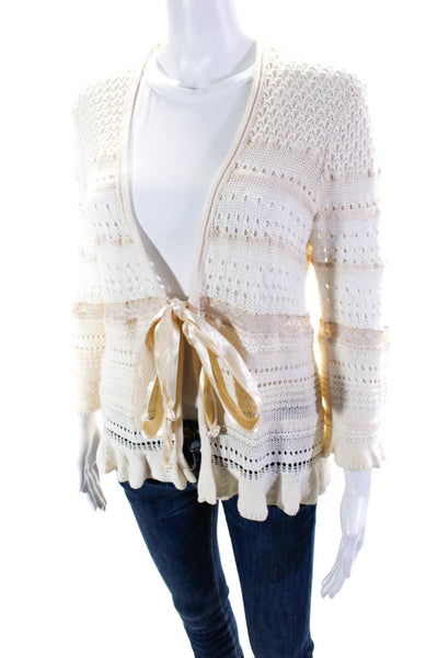 Rebecca Taylor Women's Open Front Short Sleeves Open Knit Cardigan Cream Size L