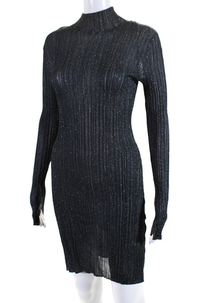 Toccin Womens Accordion Knit Metallic Mock Neck Bodycon Dress Dark Blue Size XS
