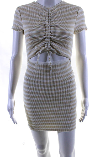 Lovers + Friends Womens Waffle Knit Striped Cutout Dress Beige White Size XS