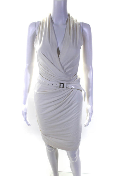 KaufmanFranco Womens Stretch V-Neck Sleeveless Belted Pencil Dress White Size 4