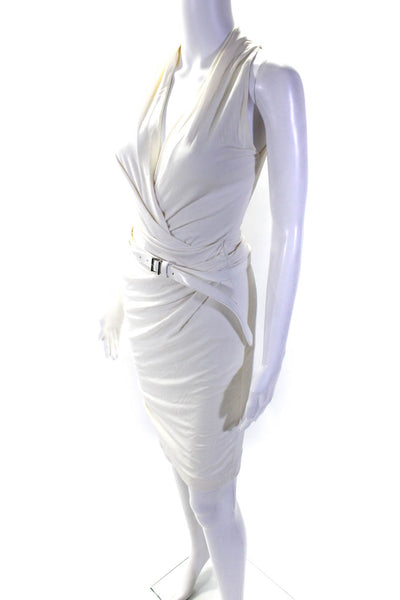 KaufmanFranco Womens Stretch V-Neck Sleeveless Belted Pencil Dress White Size 4