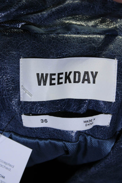Weekday Womens Shiny Notch Collar 2 Button Mid-Length Blazer Jacket Blue Size 36