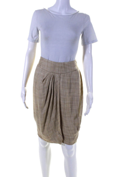 Giorgio Armani Womens Plaid Pleated Front Faux Wrap Skirt Beige Size Small