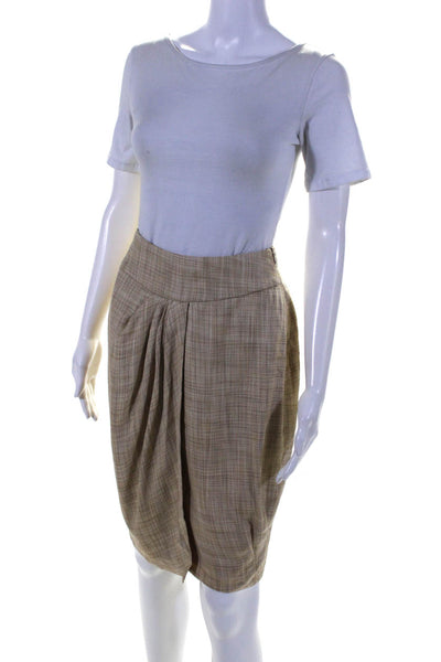 Giorgio Armani Womens Plaid Pleated Front Faux Wrap Skirt Beige Size Small