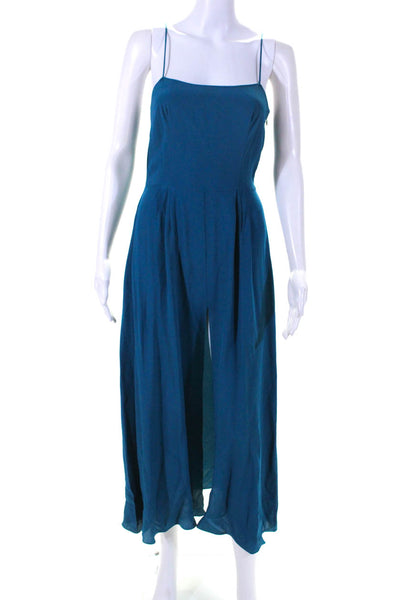 Designer Womens Darted Back Zipped Front Slit Spaghetti Strap Dress Blue Size 2