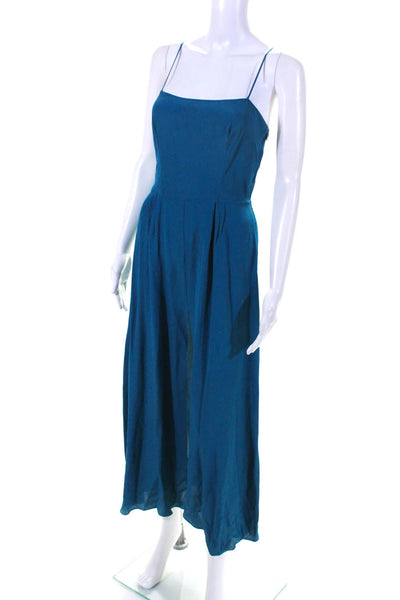 Designer Womens Darted Back Zipped Front Slit Spaghetti Strap Dress Blue Size 2