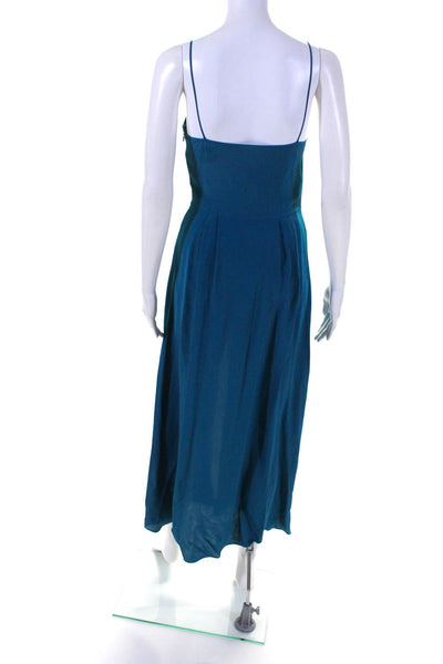 Designer Womens Darted Back Zipped Front Slit Spaghetti Strap Dress Blue Size 2