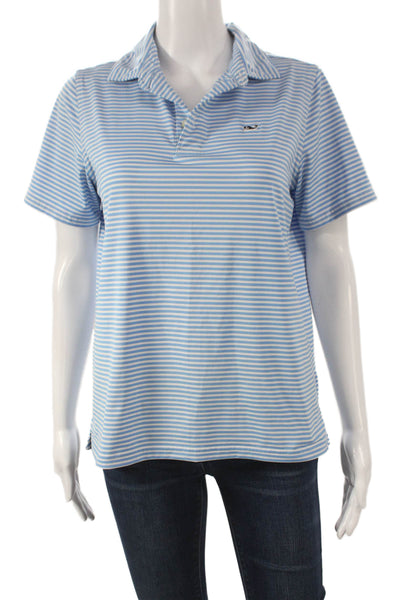 Vineyard Vines Women Blue Striped Cotton Collared Short Sleeve Polo Size L