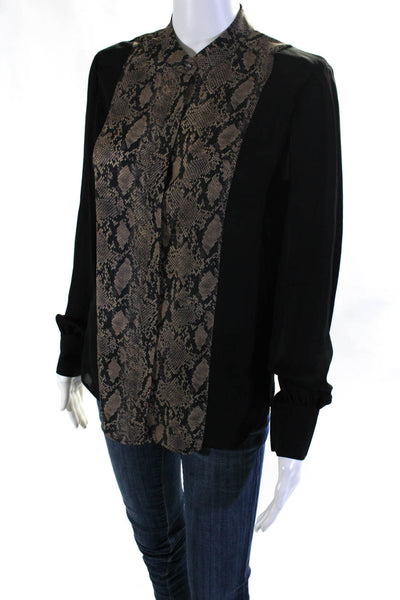 Frame Womens Button Front Snakeskin Print Trim Silk Shirt Black Size Small